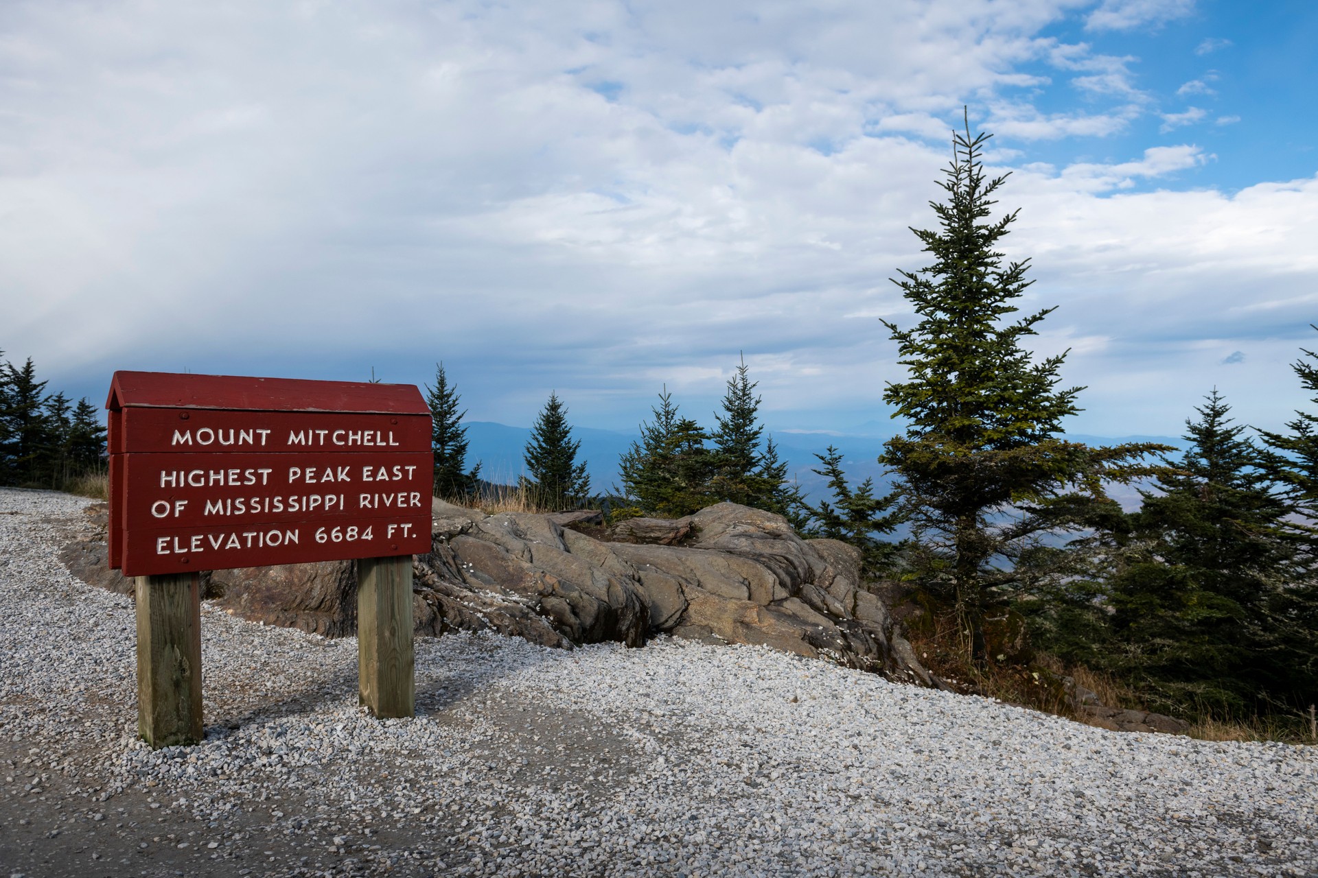 Mount Mitchell, highest peak east of Mississippi River sign